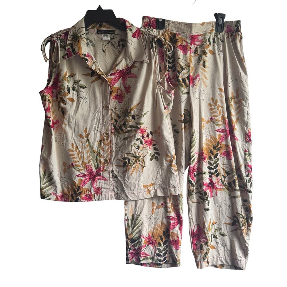 Vtg AJ Clothing Tropical Print Outfit Linen Top Pants Set Sz L Resort Wear Beach